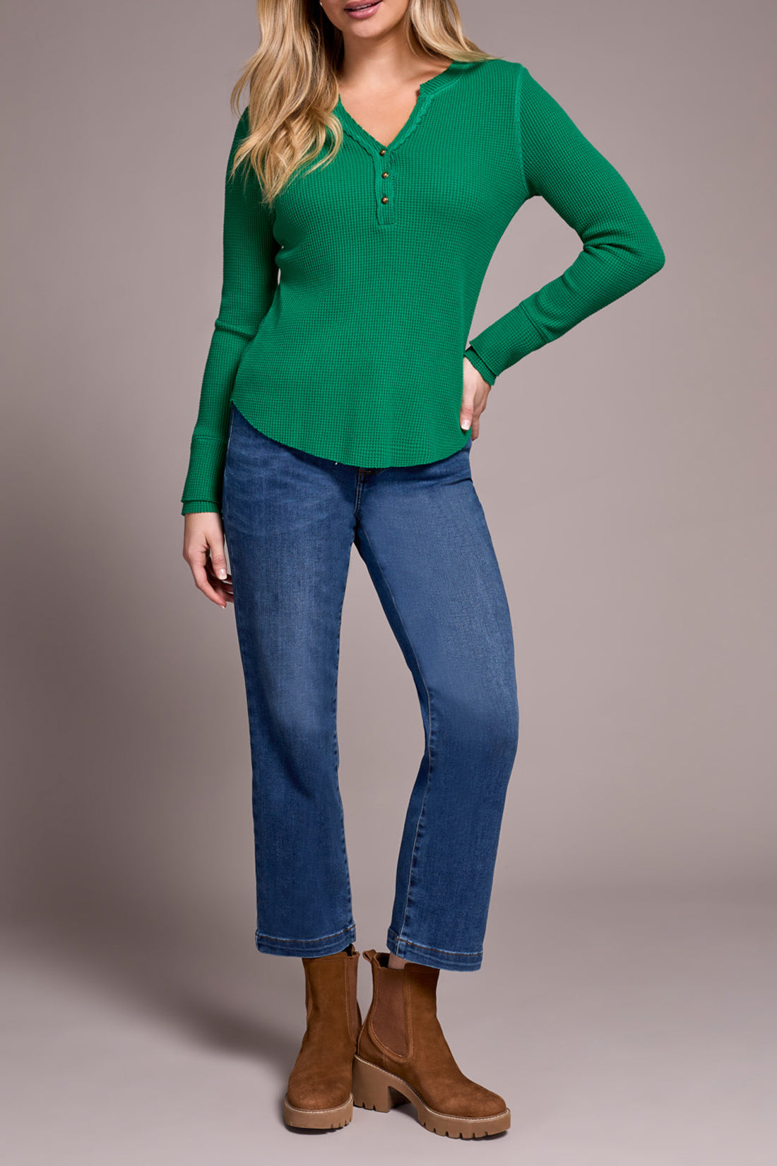 BRUSHED WAFFLE KNIT HENLEY W/LONG SLEEVES-FIELDGREEN-TRIBAL