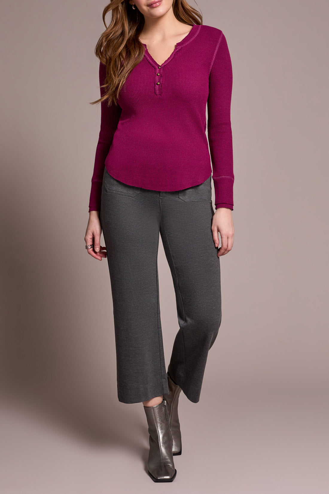 BRUSHED WAFFLE KNIT HENLEY W/LONG SLEEVES-H PLUMWINE-TRIBAL