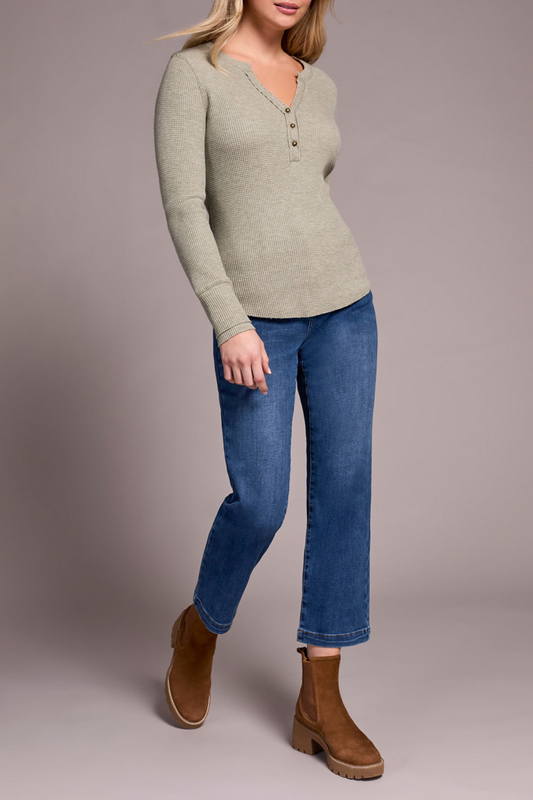 BRUSHED WAFFLE KNIT HENLEY W/LONG SLEEVES-H OLIVELEAF-TRIBAL