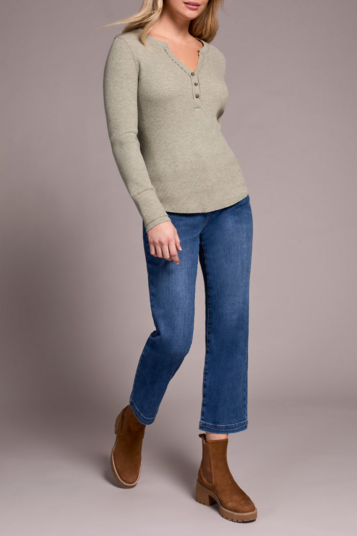 BRUSHED WAFFLE KNIT HENLEY W/LONG SLEEVES-H OLIVELEAF-TRIBAL