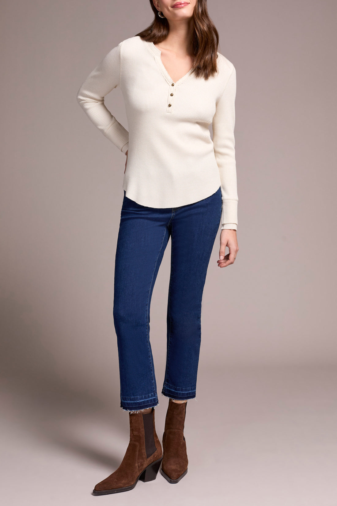 BRUSHED WAFFLE KNIT HENLEY W/LONG SLEEVES-H EGGSHELL-TRIBAL