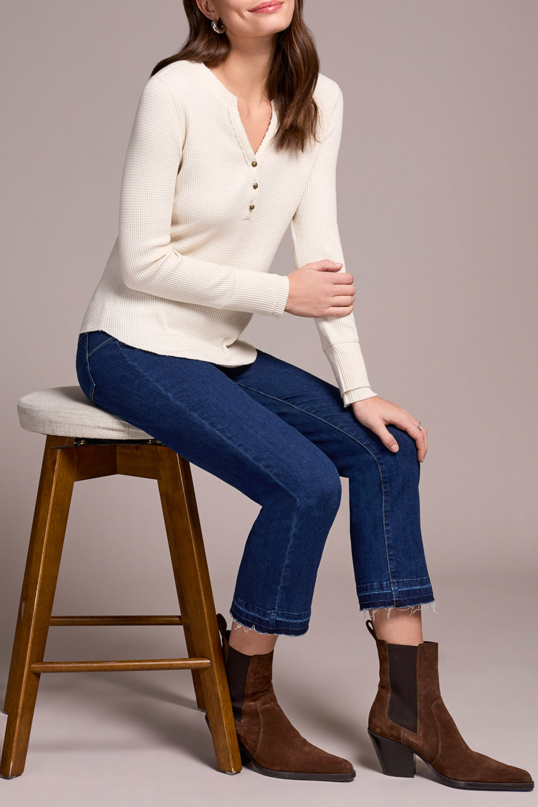 BRUSHED WAFFLE KNIT HENLEY W/LONG SLEEVES-H EGGSHELL-TRIBAL