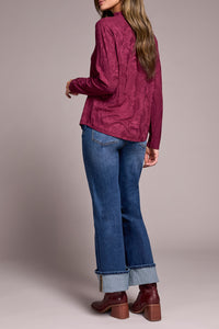 LONG SLEEVE MOCK NECK JAQUARD TOP-WINE-TRIBAL