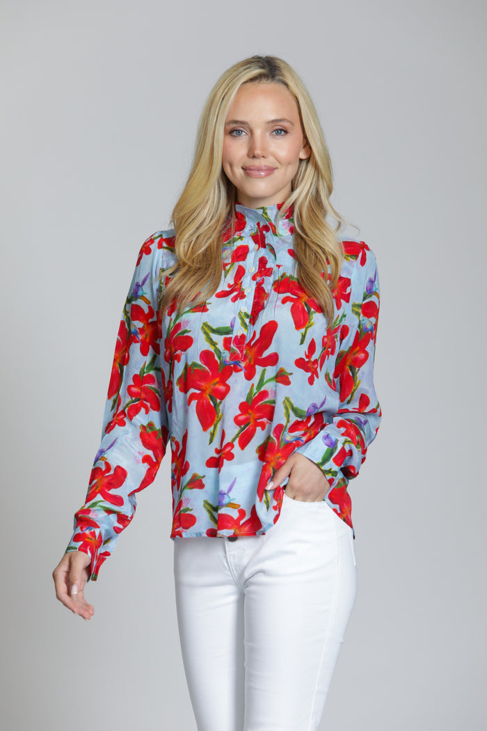 RED FLORAL RUFFLE HALF PLACKET BLOUSE-APNY