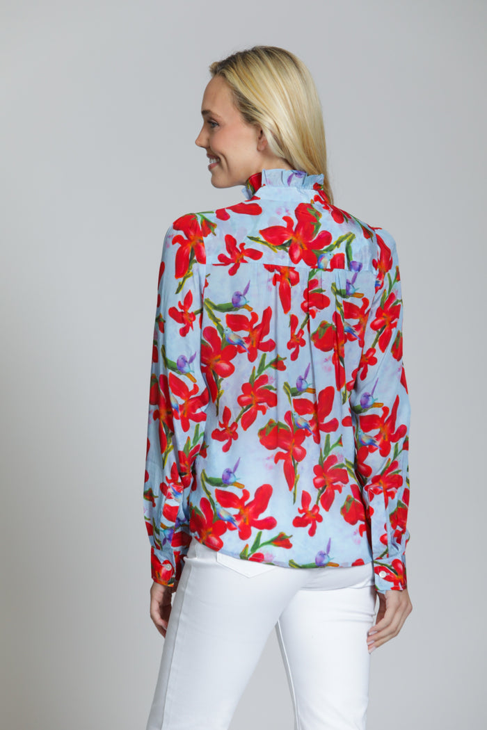 RED FLORAL RUFFLE HALF PLACKET BLOUSE-APNY