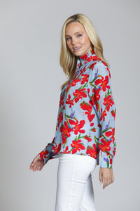 RED FLORAL RUFFLE HALF PLACKET BLOUSE-APNY