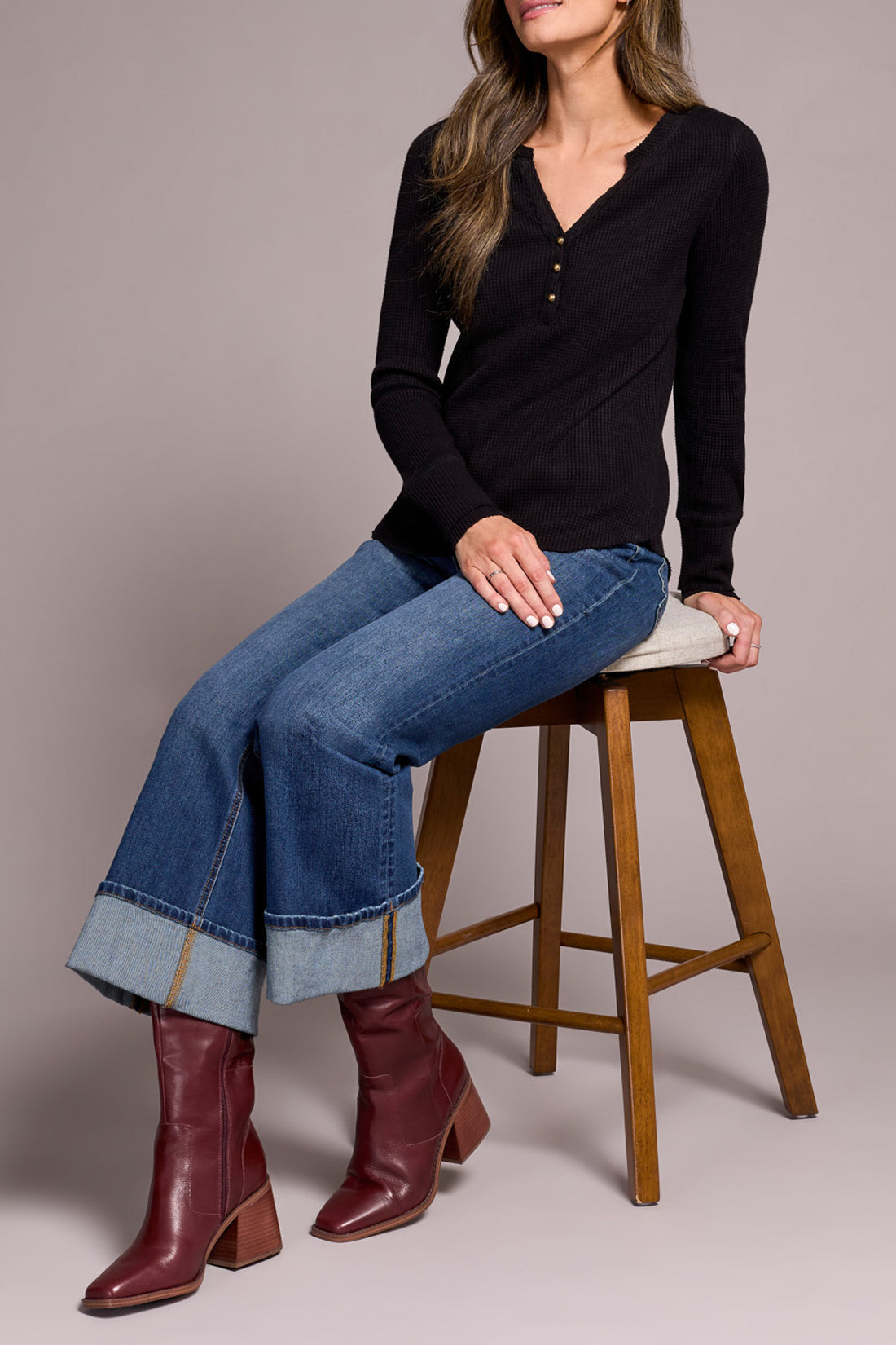 BRUSHED WAFFLE KNIT HENLEY W/LONG SLEEVES-BLACK-TRIBAL