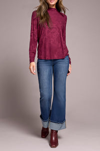 LONG SLEEVE MOCK NECK JAQUARD TOP-WINE-TRIBAL