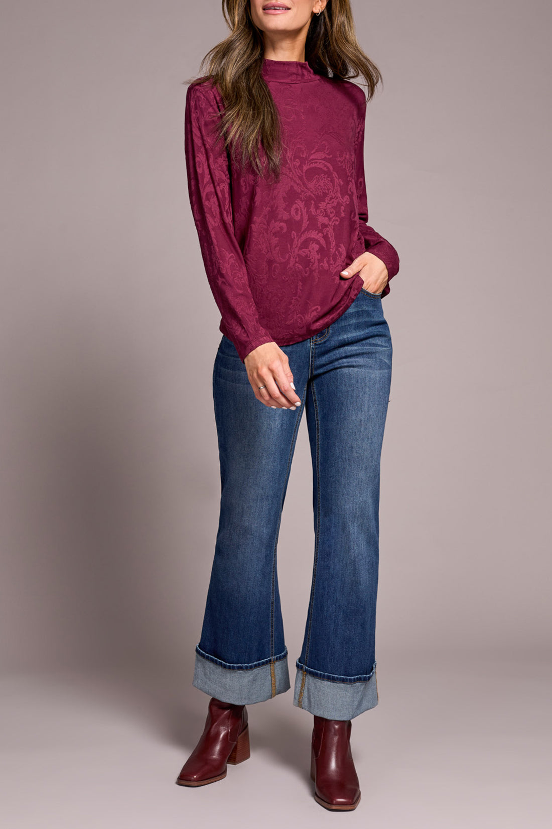 LONG SLEEVE MOCK NECK JAQUARD TOP-WINE-TRIBAL