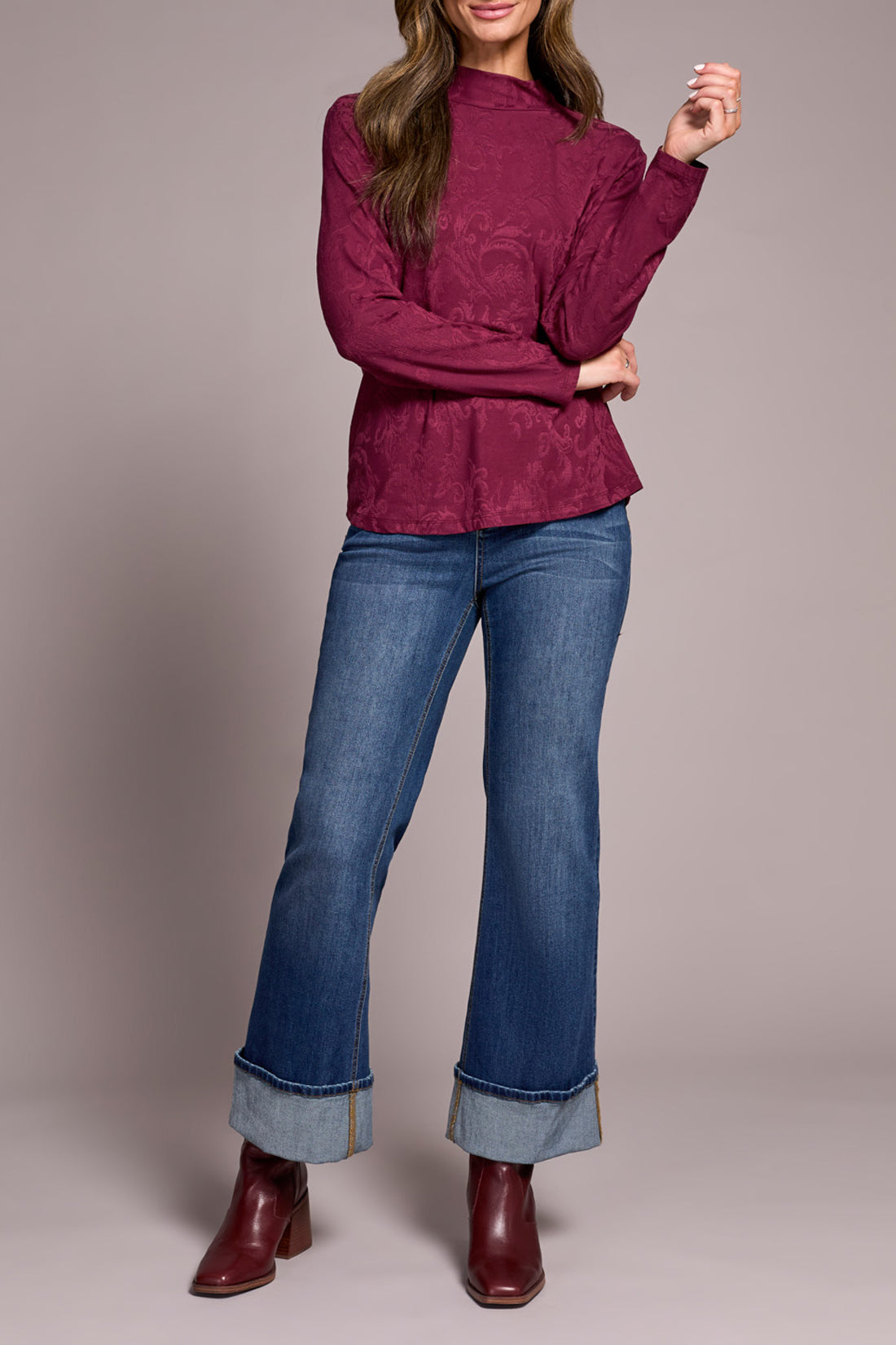 LONG SLEEVE MOCK NECK JAQUARD TOP-WINE-TRIBAL