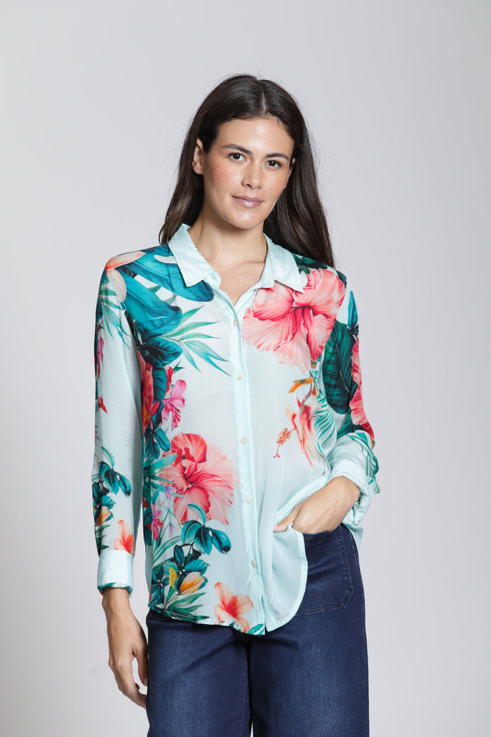 AQUA HIBISCUS PRINT BUTTONDOWN BLOUSE-APNY