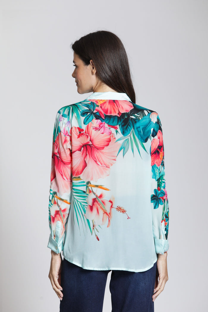 AQUA HIBISCUS PRINT BUTTONDOWN BLOUSE-APNY