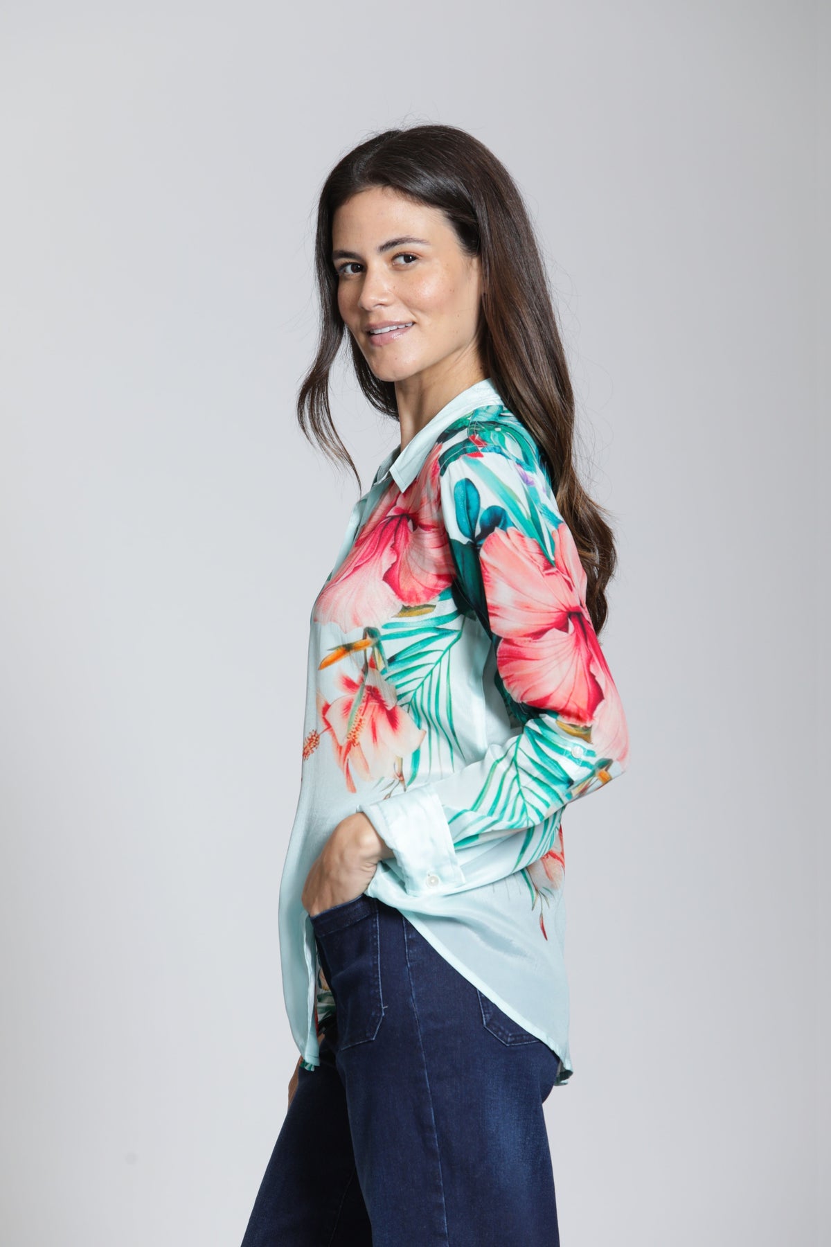 AQUA HIBISCUS PRINT BUTTONDOWN BLOUSE-APNY