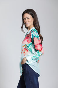 AQUA HIBISCUS PRINT BUTTONDOWN BLOUSE-APNY