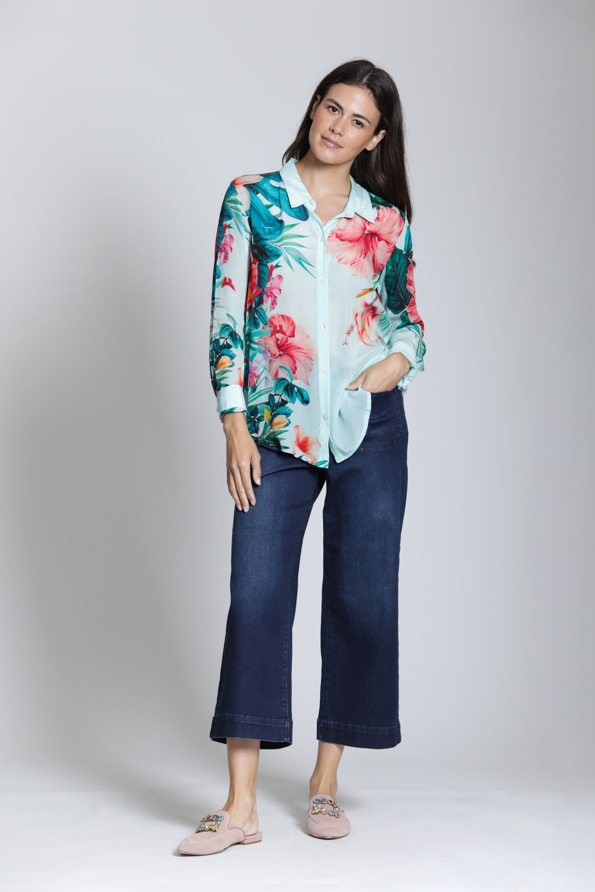 AQUA HIBISCUS PRINT BUTTONDOWN BLOUSE-APNY