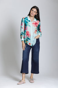 AQUA HIBISCUS PRINT BUTTONDOWN BLOUSE-APNY