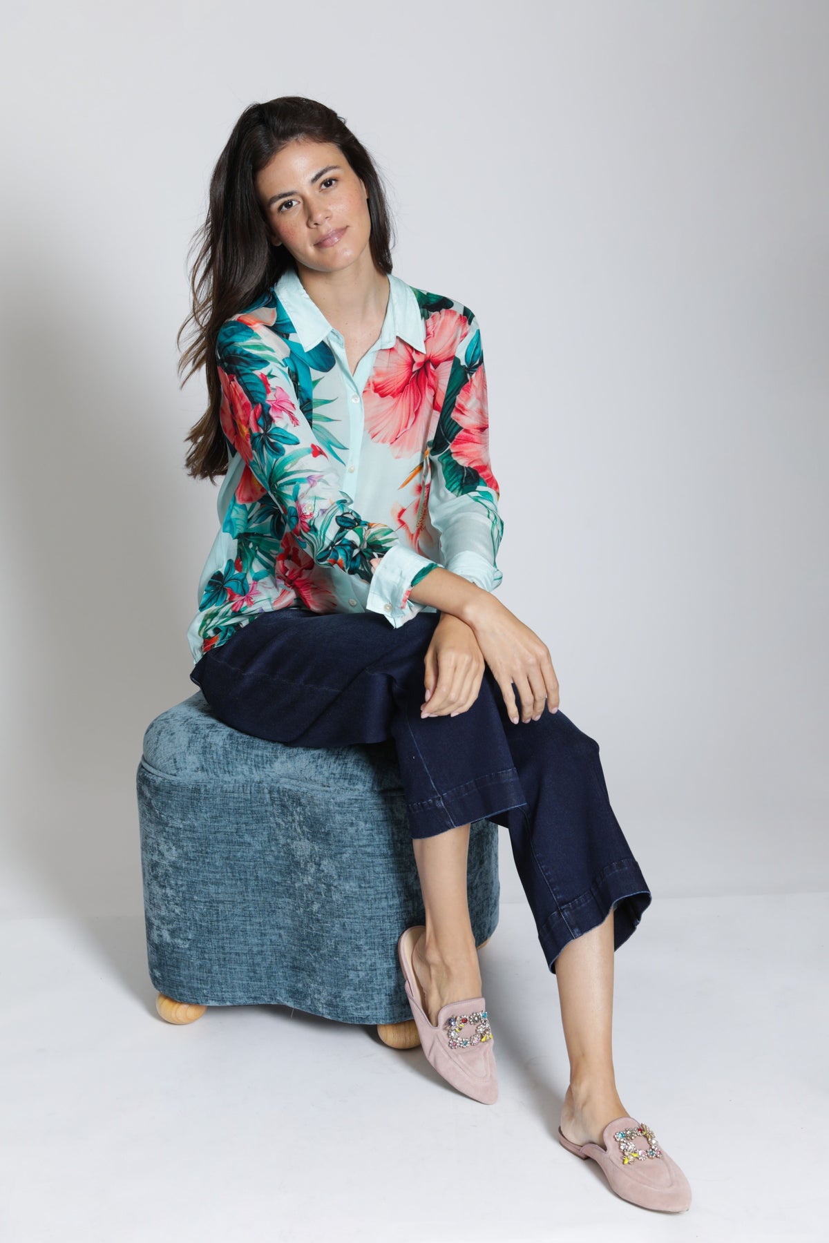 AQUA HIBISCUS PRINT BUTTONDOWN BLOUSE-APNY