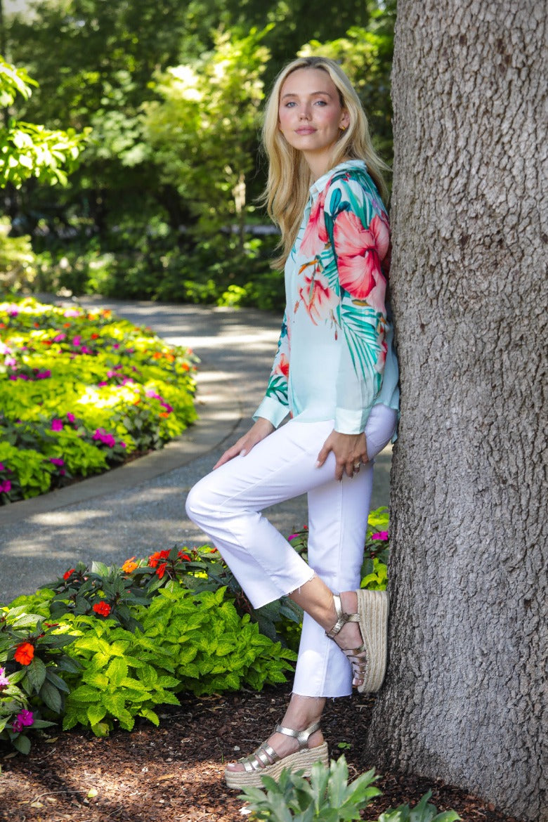 AQUA HIBISCUS PRINT BUTTONDOWN BLOUSE-APNY