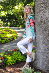 AQUA HIBISCUS PRINT BUTTONDOWN BLOUSE-APNY