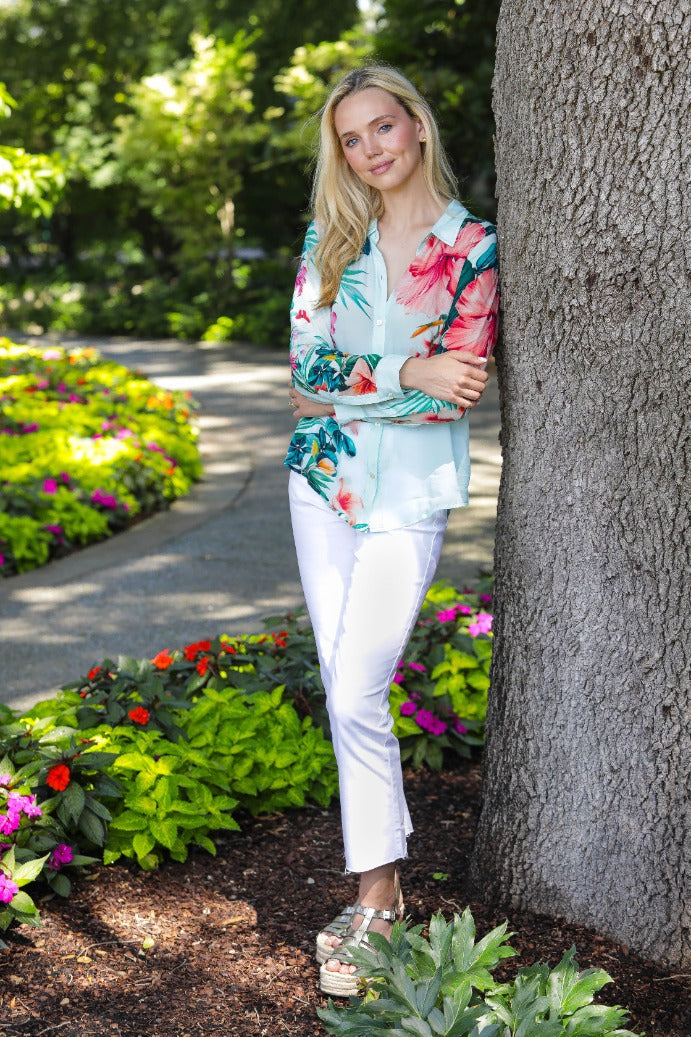 AQUA HIBISCUS PRINT BUTTONDOWN BLOUSE-APNY