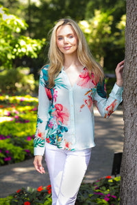 AQUA HIBISCUS PRINT BUTTONDOWN BLOUSE-APNY