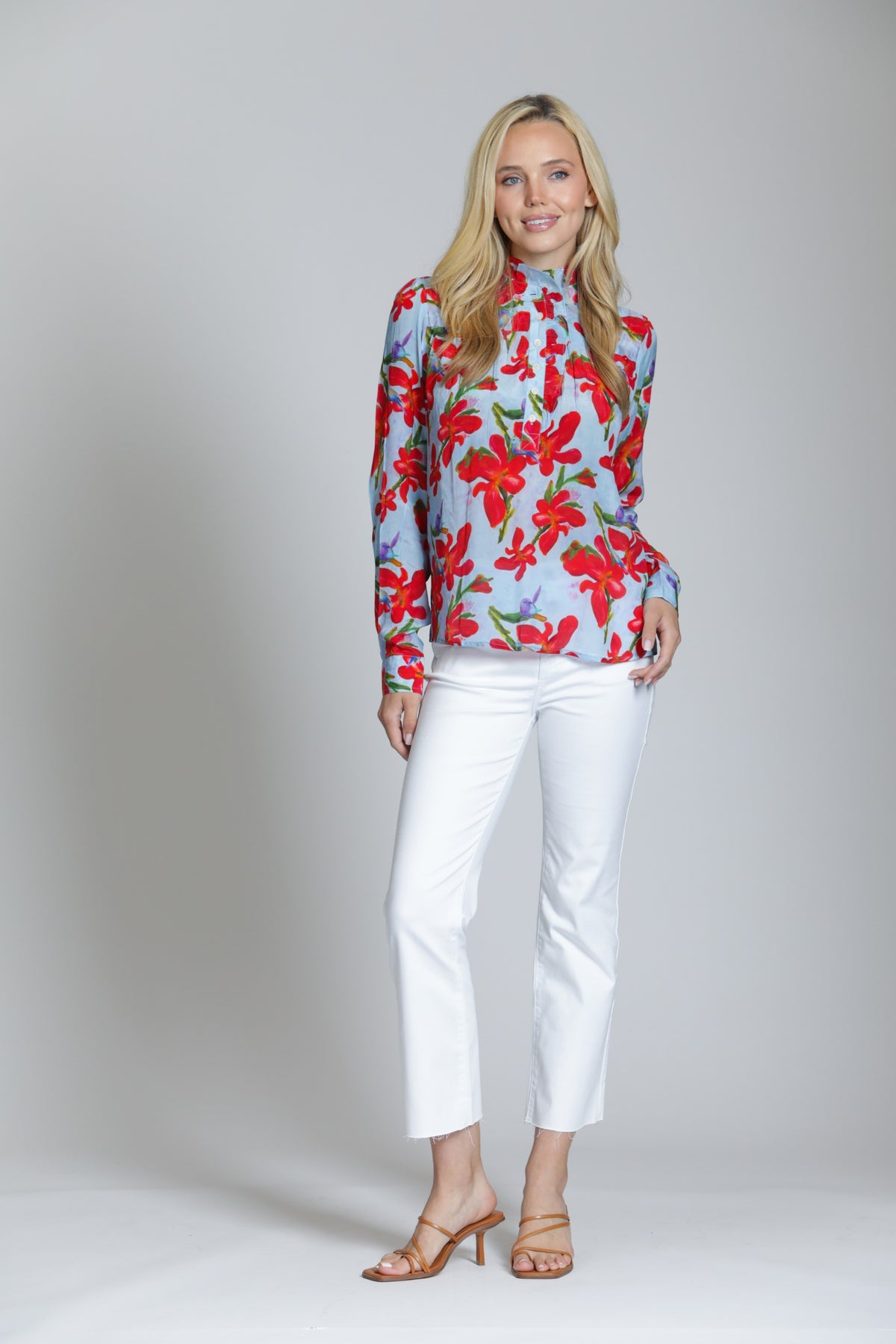 RED FLORAL RUFFLE HALF PLACKET BLOUSE-APNY