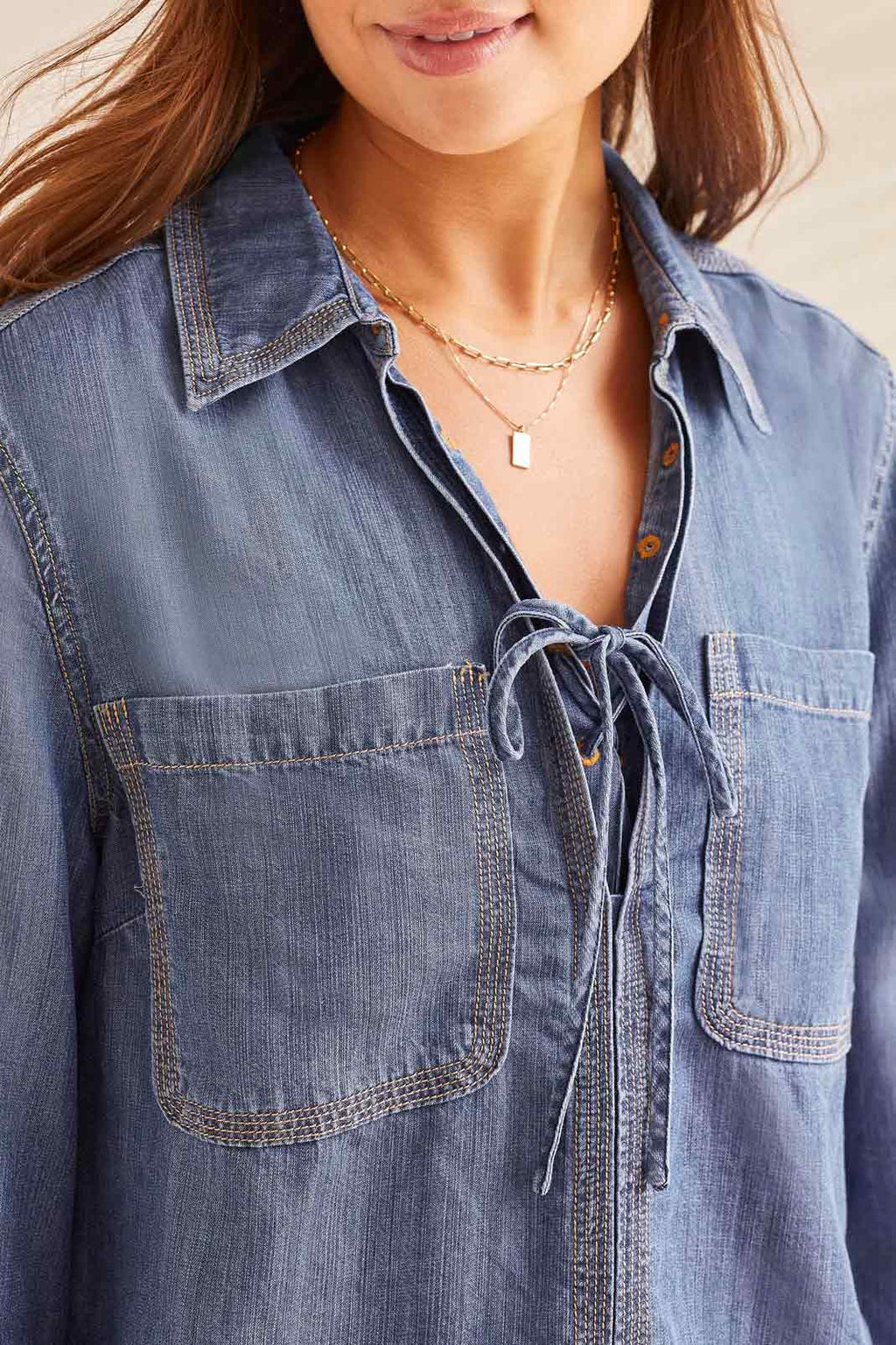 ELBOW SLV POP OVER BLOUSE W/LACE UP-DK. CHAMBRAY-TRIBAL
