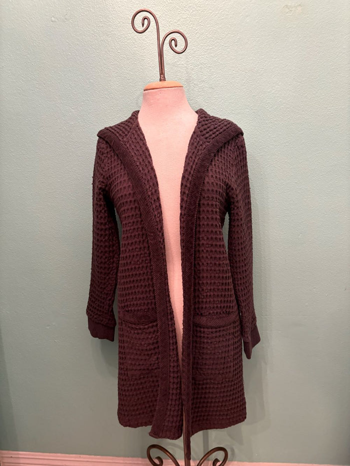 L/S WAFFLE KNIT HOODED LONG OPEN CARDIGAN-MODODOC