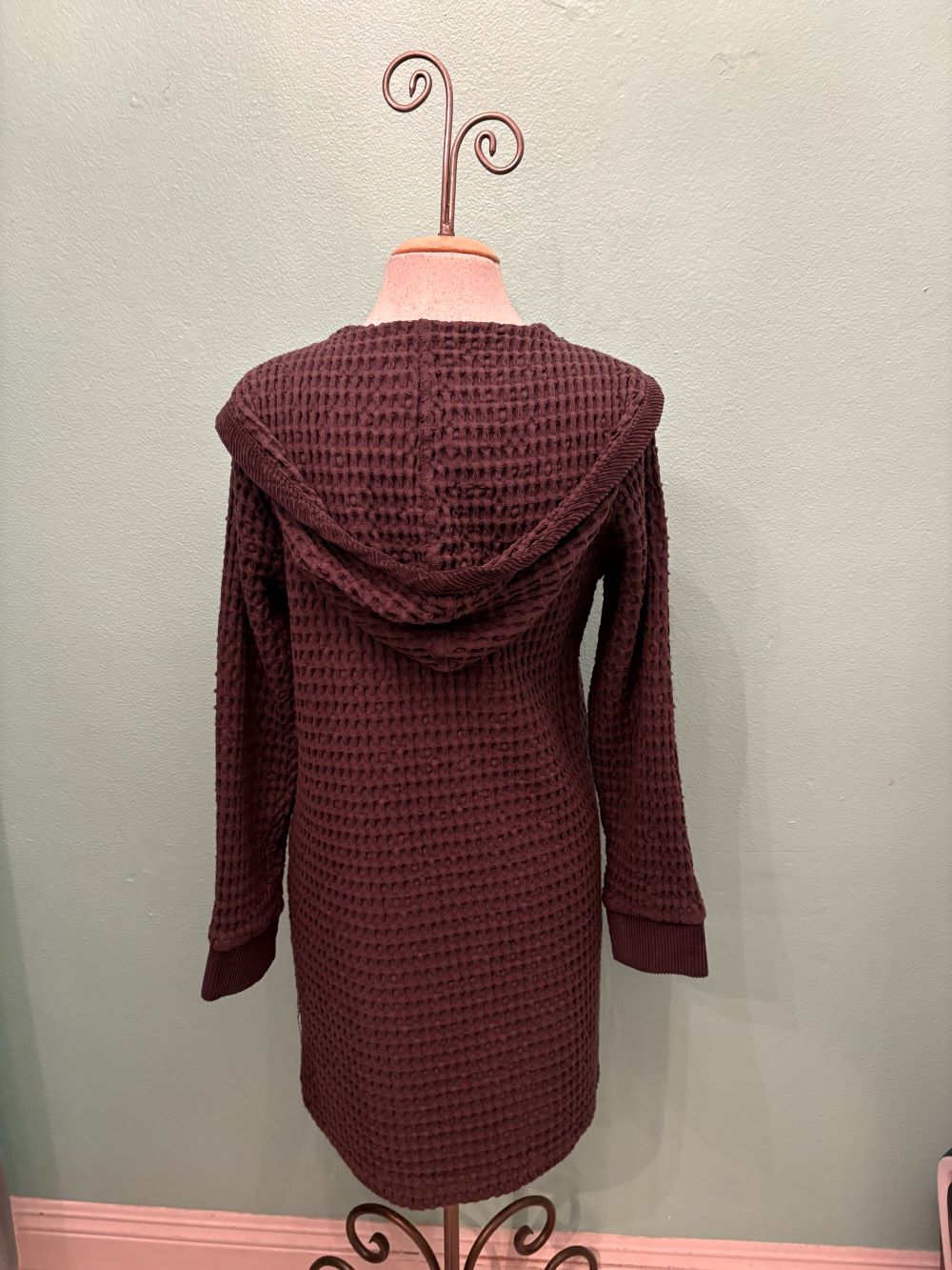 L/S WAFFLE KNIT HOODED LONG OPEN CARDIGAN-MODODOC
