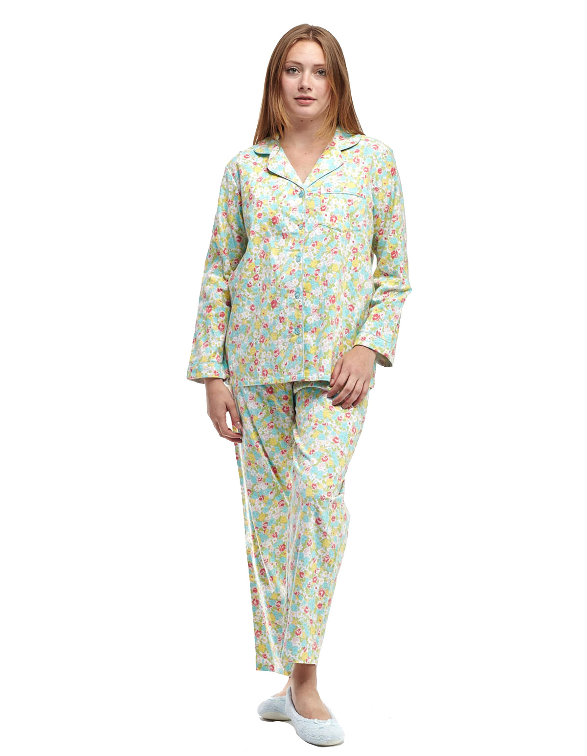 AQUA FLORAL FLANNEL PAJAMA SET - LA CERA