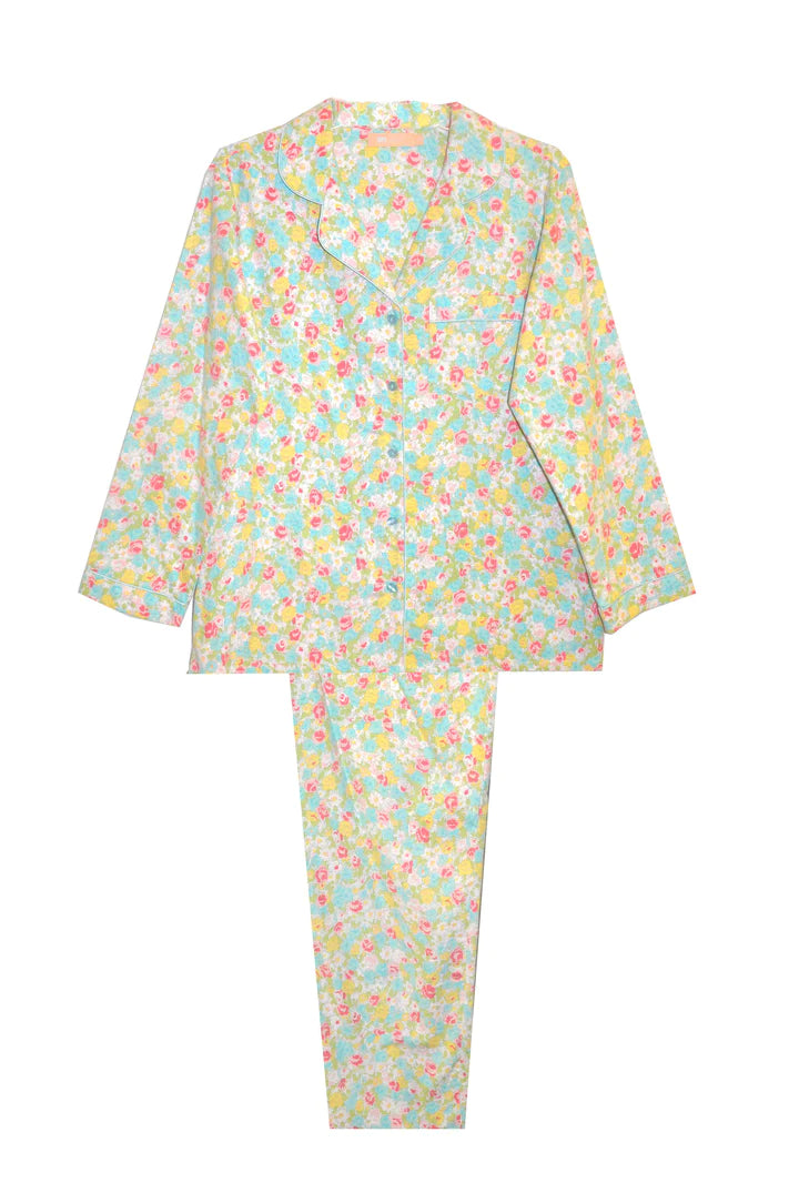 AQUA FLORAL FLANNEL PAJAMA SET - LA CERA