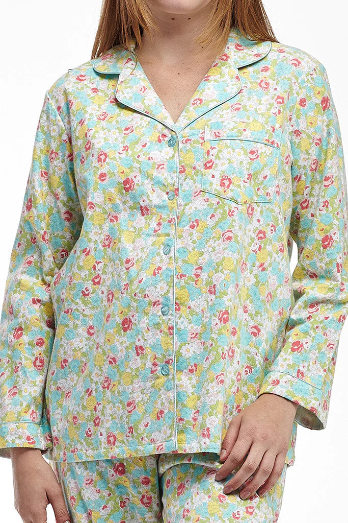 AQUA FLORAL FLANNEL PAJAMA SET - LA CERA