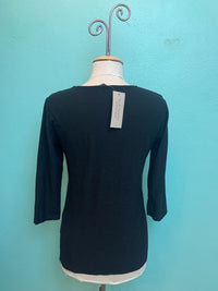 3/4 SLEEVE TUCK FRONT TEE-BLACK-CUT LOOSE