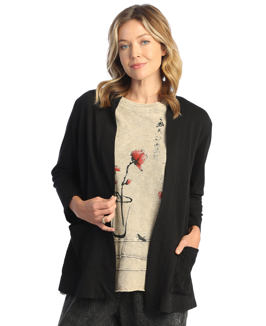 FRENCH TERRY KIMONO JACKET W/PATCH POCKET-JET-JESS AND JANE